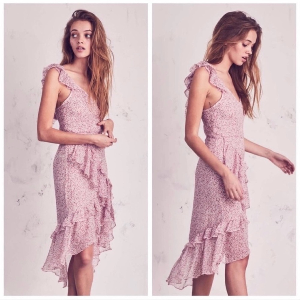 LOVESHACKFANCY Maeve Dress Floral Chiffon Midi Dress in Rouge Pink Size 00 XXS